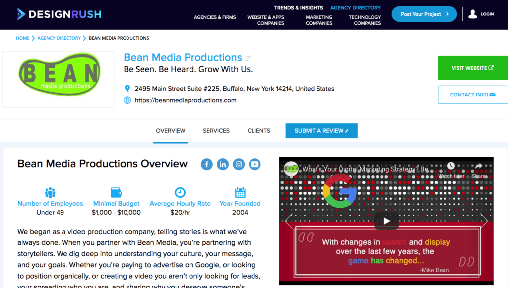 design rush page for bean media productions