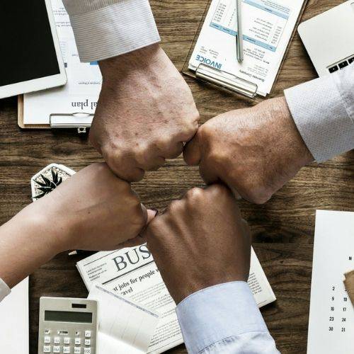 team works together in the office