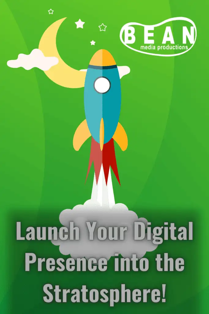 computer graphic image of rocket launching in front of a moon with text "launch your digital presence into the stratosphere".  Learn more about the helpful content update!