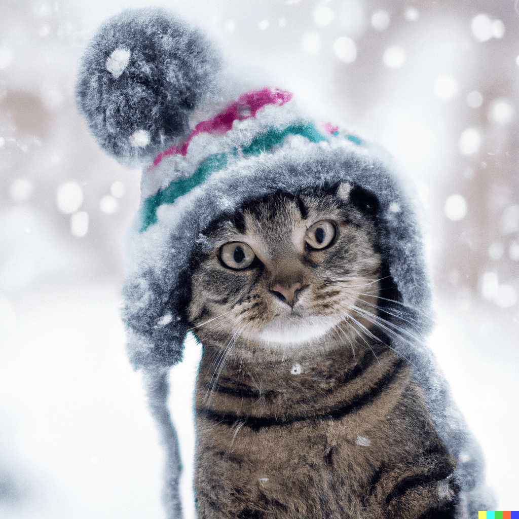 a grey, striped cat wearing a winter hat outside on a snowy day, image created by Dall-E Image generator.