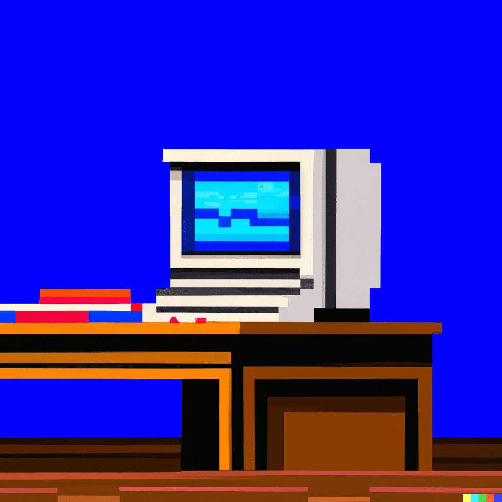 a pixel art image of a synthwave/vaporwave computer sitting on a wooden desk in a blue room