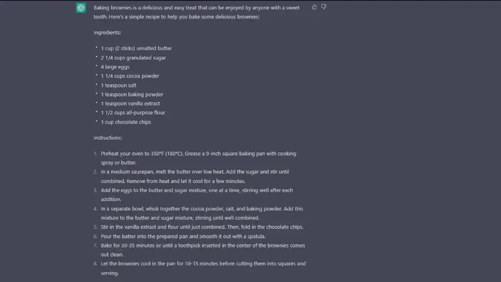 OpenAI's ChatGPT AI Content Answering Question "how do i bake brownies?"