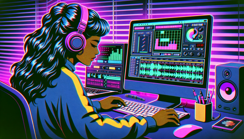 Vaporwave style illustration of a young female writer with diverse descent, engrossed in her task of performing podcast seo, leaning over a computer. The screen shows titles for a podcast episode being typed. On the desk, a second monitor displays a sophisticated audio editing software with detailed waveforms and editing panels. The ambiance is filled with neon hues, digital glitches, and retro motifs. Created in Dall-E 3