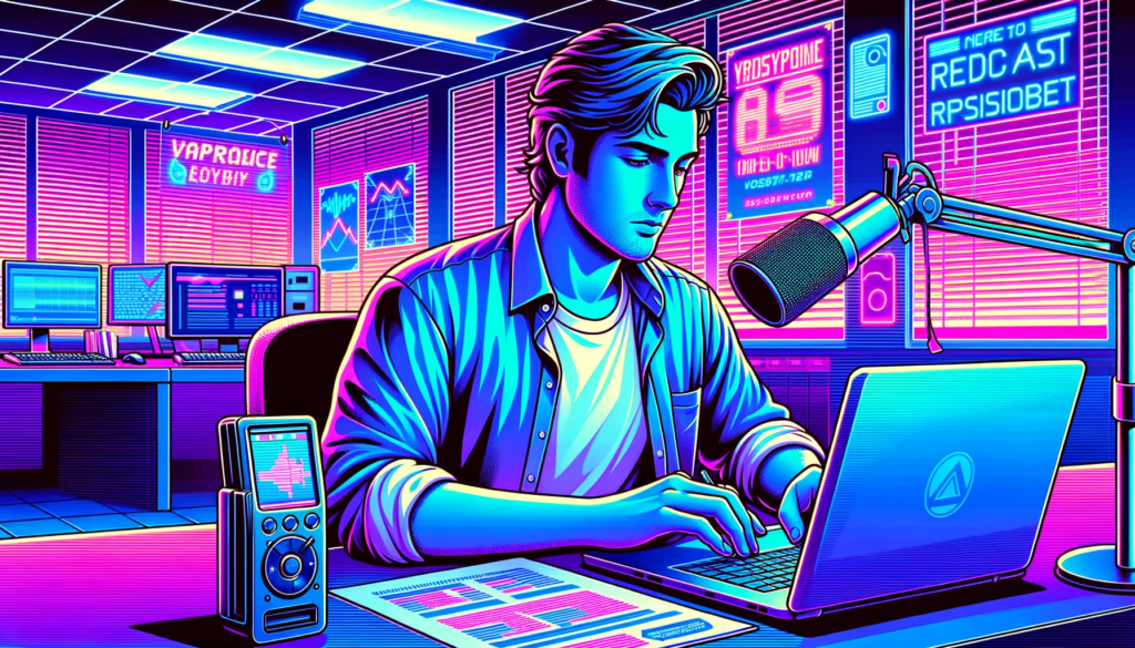 Vaporwave style illustration of a young male employe, wearing a casual t-shirt under an open button-down shirt. He's situated in a neon-infused modern office with retro digital elements. Deeply engrossed in transcribing a podcast episode on his laptop, the scene showcases his desk filled with colorful marketing materials like banners and flyers. A digital recorder with a glowing aesthetic is placed prominently on his workspace. Created in Dall-E 3