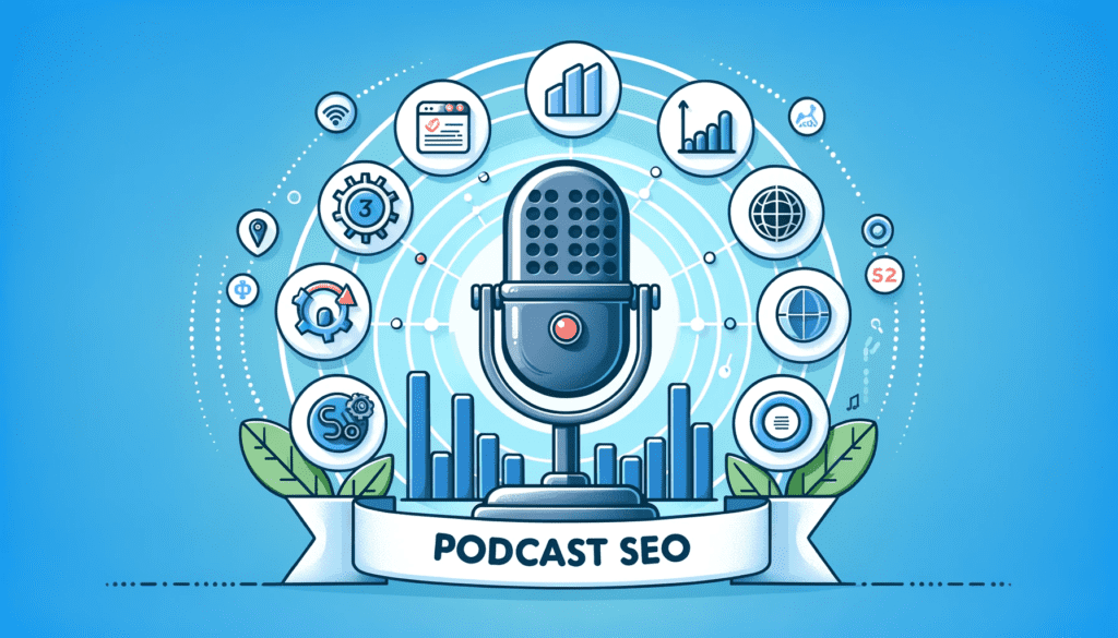 Illustration of a podcast microphone in the center, with sound waves emanating from it. Around the microphone, there are various icons representing SEO elements: a search bar, keywords, backlinks, and analytics graphs. Above the microphone, there's a banner with the text 'Podcast SEO'. The background is a gradient of blue to light gray, symbolizing the digital landscape of podcasting.