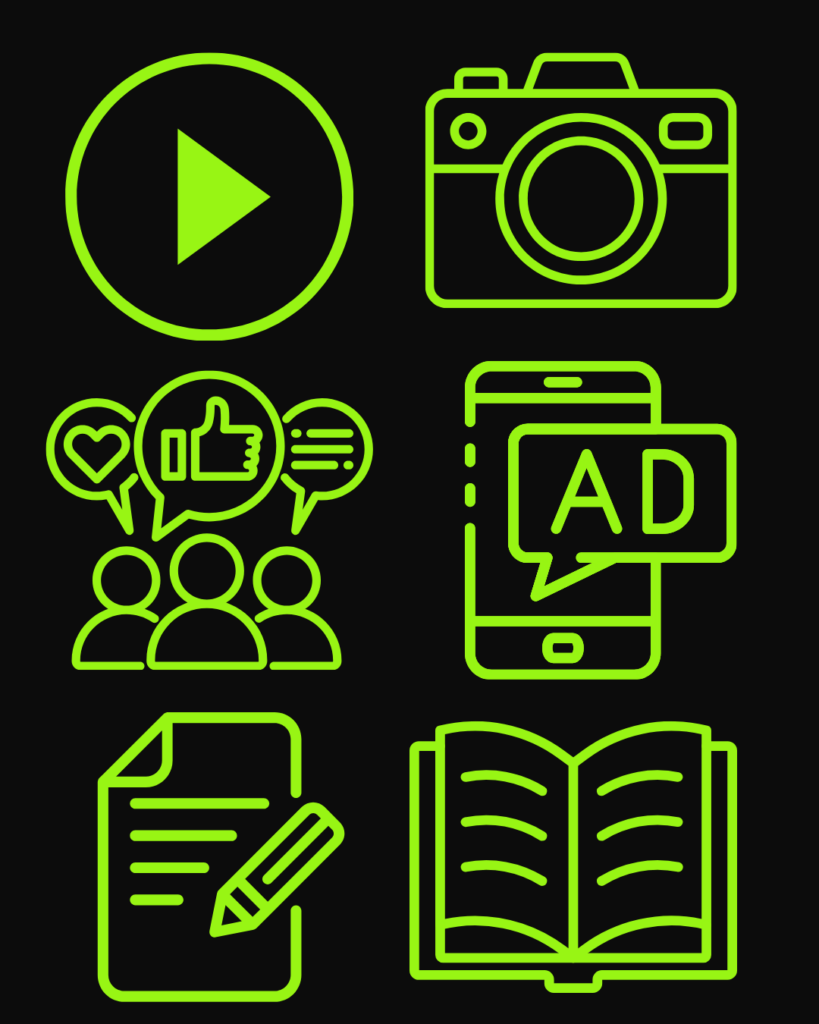 Image demonstrating some components of a digital marketing library; videos, photos, messages, advertisements, web content, written content and branding.